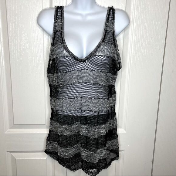 Guess See Through Mesh Sleeveless Striped Shirt Black and Gray Size Large - Picture 3 of 14